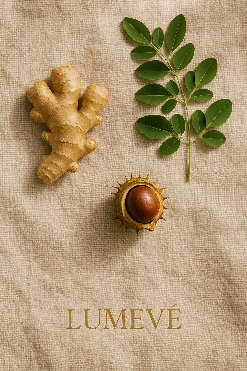 Botanical flat-lay of ginger root, moringa leaf, and a buckeye seed pod on tan linen with the Lumevé wordmark