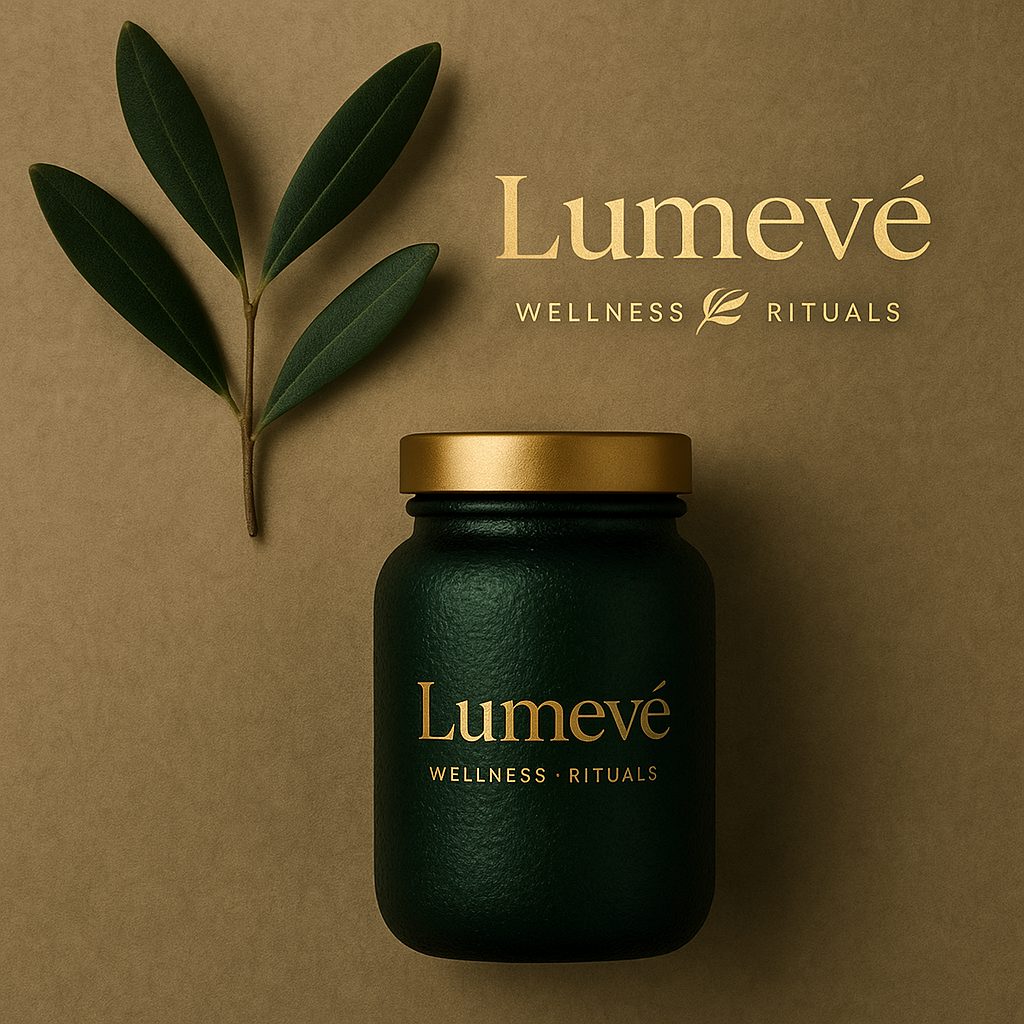 Lumevé Wellness Rituals jar with an olive branch on a warm taupe background