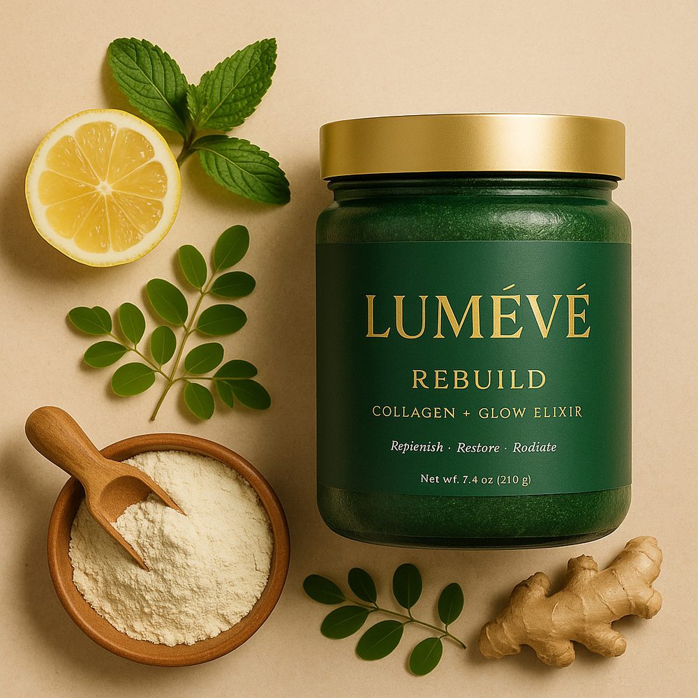 Lumevé Rebuild collagen and glow elixir jar with lemon, mint, and ginger
